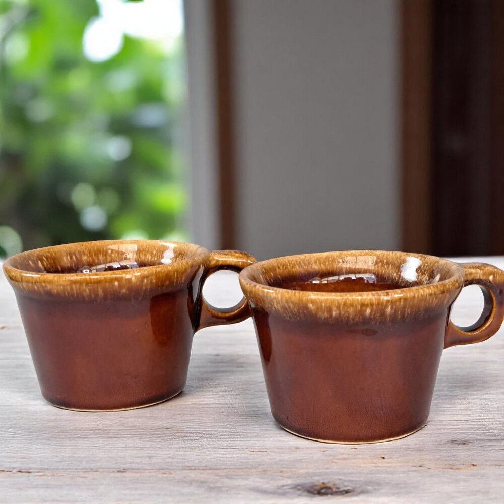 Set of 2 Vtg Hull Pottery Brown Drip Glaze Oven Proof Coffee Cup Mug Crestone